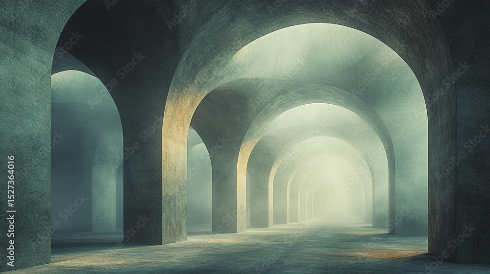 Poster serene and ethereal space with arches creating sense of infinity and depth