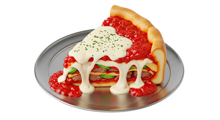 Indulgent Deep-Dish Pizza Slice: A Towering Temptation of Melted Cheese, Savory Sauce, and Delicious Layers on a Metal Platter Against a Clean, Isolated Background, Perfect for Culinary Advertising