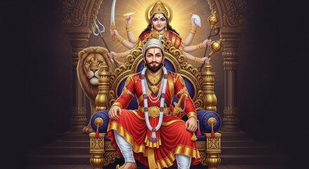 Fototapeta premium Intricate digital artwork depicting a majestic king seated with a powerful goddess and lion in an ornate throne room