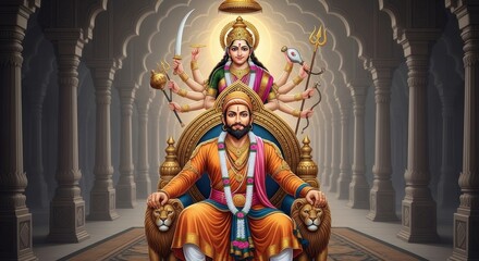 Fototapeta premium Divine depiction of a Hindu deity with multiple arms and a regal figure seated on lions in an ancient temple setting