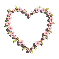 A floral frame of cherry blossoms and green leaves with an empty center, delicate and artistic. Artistic, elegant, and intricate.