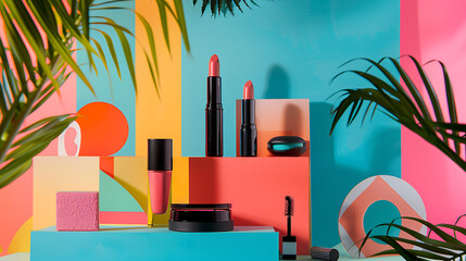 A vibrant still life arrangement of various makeup products including lipstick mascara and other cosmetics set against a colorful geometric background with tropical palm leaves