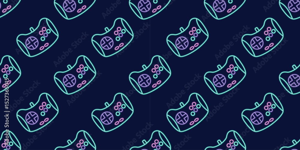 Fototapete vector neon glow game controller gamepad seamless pattern. colored outline joystick element flat sty