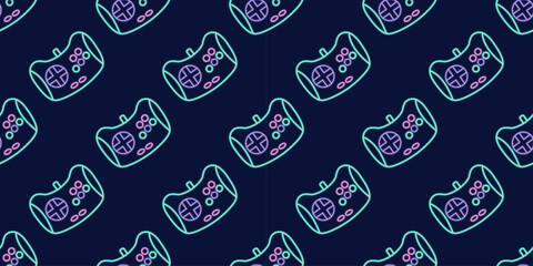 Vector neon glow game controller gamepad seamless pattern. Colored outline joystick element flat style on night dark background. Gamer device background