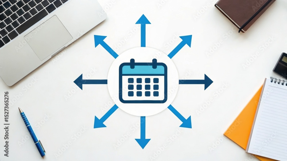 Poster virtual assistant multitasking concept. visual representation of time management with arrows and cal