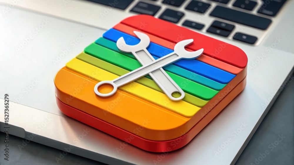 Poster virtual assistant multitasking concept. colorful toolbox with wrenches on a laptop keyboard.