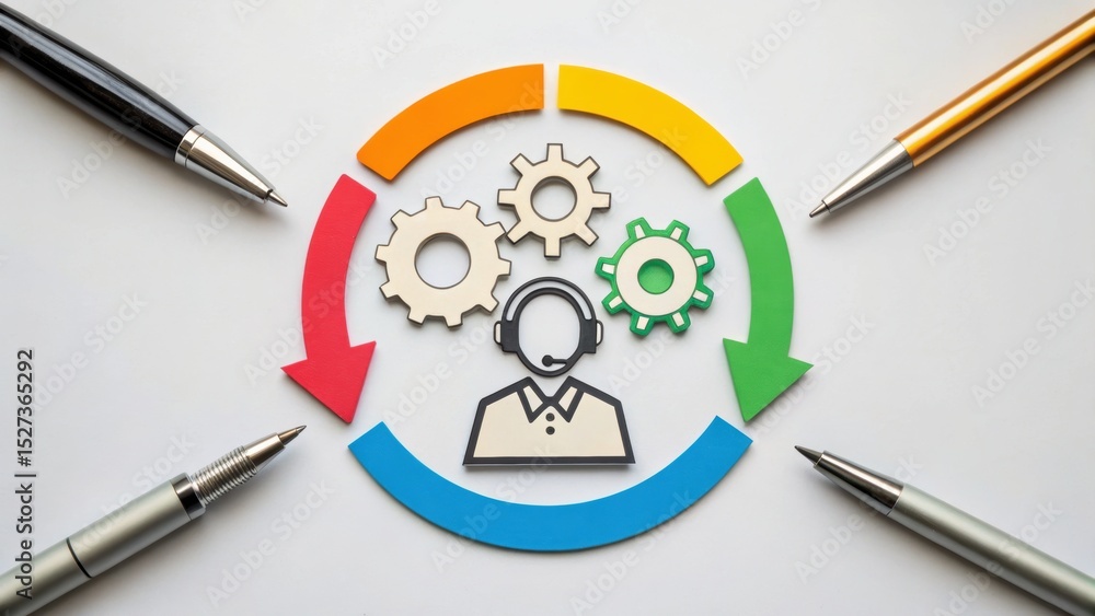 Poster virtual assistant multitasking concept. conceptual illustration of workflow management with gears an