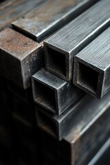 close-up of six neatly stacked square metal tubes