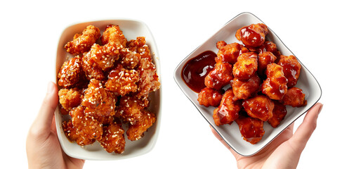 Fried honey bbq chicken nuggets on white tray held by hand, isolated white transparent background, concept of appetizer or snack.