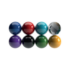 Row of colorful glossy spheres reflecting on a white background