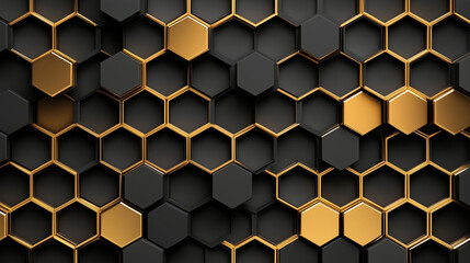 Seamless Pattern of Golden Hexagons with Shadow Depth on Dark Base