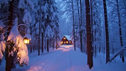 snowy forest path with lanterns and distant warm cottage - Powered by Adobe