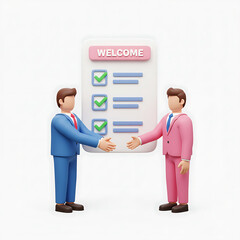 Obraz premium 3D Render of Businesspeople Shaking Hands with Welcome Checklist Successful Partnership Agreement Concept