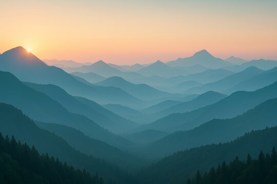 Layered mountain ranges stretch into the distance under a soft sunrise casting a hazy blue hue over peaks