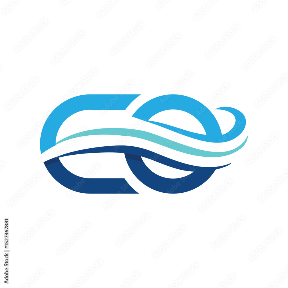 Poster The image shows a geometric monogram logo design of an initial letter EO in blue color with three wave lines that looks clean on a white background 
	
