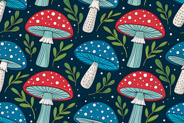 Colorful pop art mushrooms seamless vector pattern. Stylized mushrooms on a dark background. Red and blue fly agarics and leaves