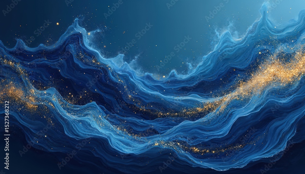 Leinwandbilder Abstract art background with blue flowing waves, golden sparkles. Elegant, shimmering textures create magical vibes for design. Luxury pattern with creative vibrant color and dynamic movement.
