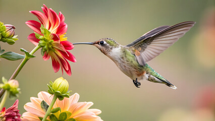 Fototapeta premium Hummingbird flying around a beautiful flower over blurred background
