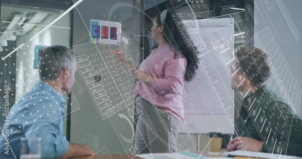 Poster presenter entering gesturing toward swatches, annotating flipchart and proposing business design