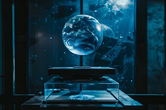 transparent globe of Earth floating above a high-tech device, holographic projection, minimal tech background
