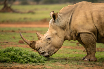 Obraz premium Rhino with mud on brown loose skin and horns standing eating grass on meadow in savannah on blurred background