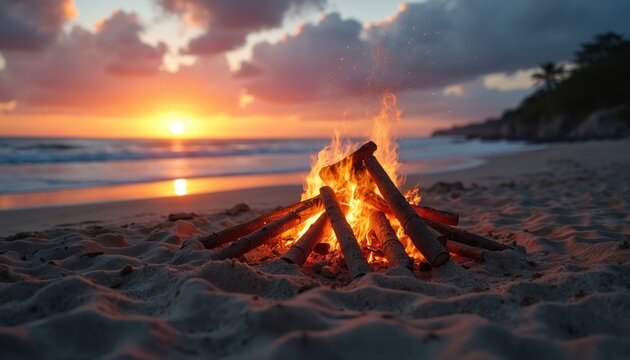 Sunset beach scene with campfire. Bonfire burning on sandy shore near ocean, wood logs burn bright orange. Warm light reflects on wet sand, sea waves, sky. Romantic vacation, leisure activities,