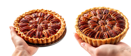 Hand holding baked pecan pie with a stunning lattice crust isolated on white transparent background