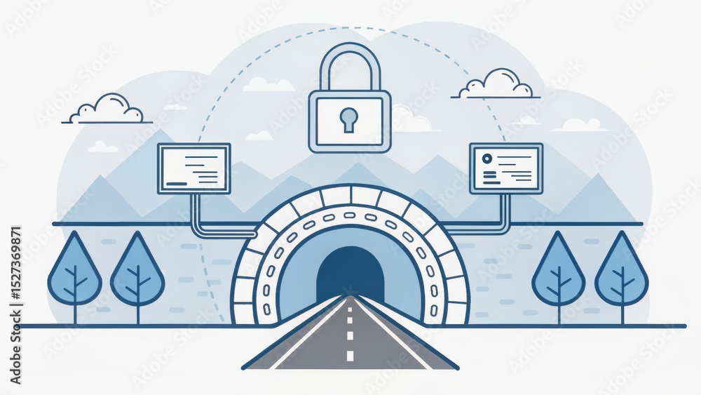 Poster vpn proxy protection concept. digital illustration of a secure tunnel with clouds and mountains.