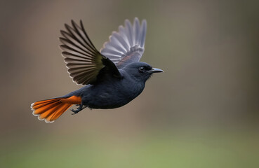 Black Redstart bird in flight. Phoenicurus ochruros male flying. Focus on bird against blurred background. Orange tail, open wings, natural wildlife environment. Close-up view of bird in motion.