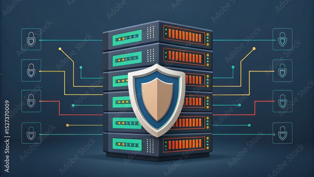 Poster vpn proxy protection concept. digital server with security shield and connections illustrated.
