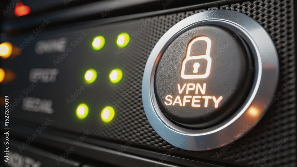 Poster vpn proxy protection concept. vpn safety button on a technology device with indicator lights.