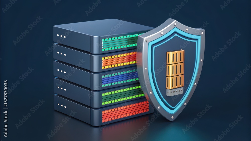 Poster vpn proxy protection concept. data servers protected by a digital shield symbolize cybersecurity.