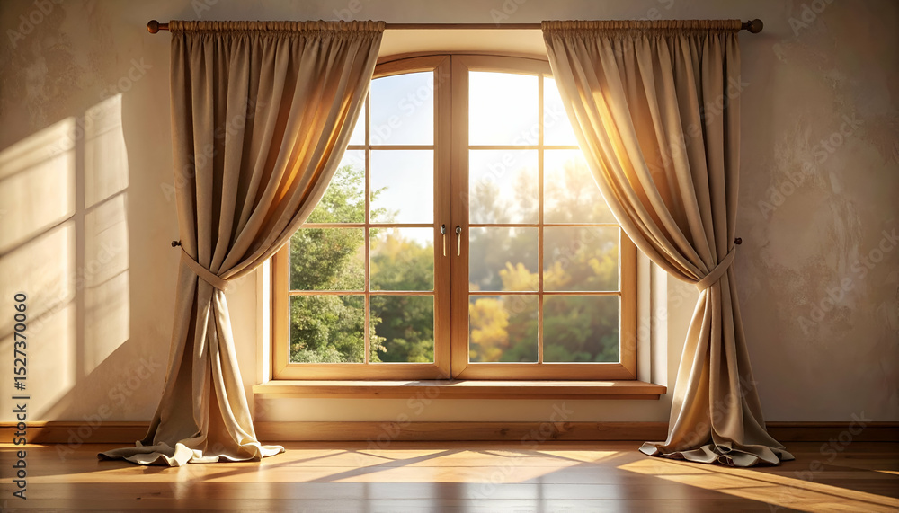 Poster warm light streaming through subtle curtains into a window frame