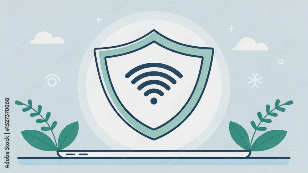 Poster vpn proxy protection concept. digital security concept with shield and wireless signal illustration.