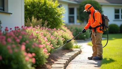 Pest control technician applying treatment to lawn, garden to protect from pests. Man in protective workwear spraying insecticide. Pro pest control service, spring summer. Prevent damage, safe