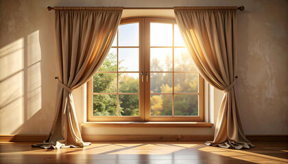 Fototapeta premium Warm Light Streaming Through Subtle Curtains Into a Window Frame
