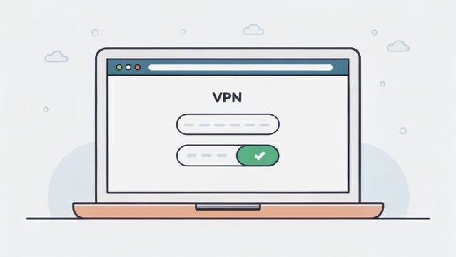 VPN proxy protection concept. VPN interface on a laptop screen with toggle switch.
