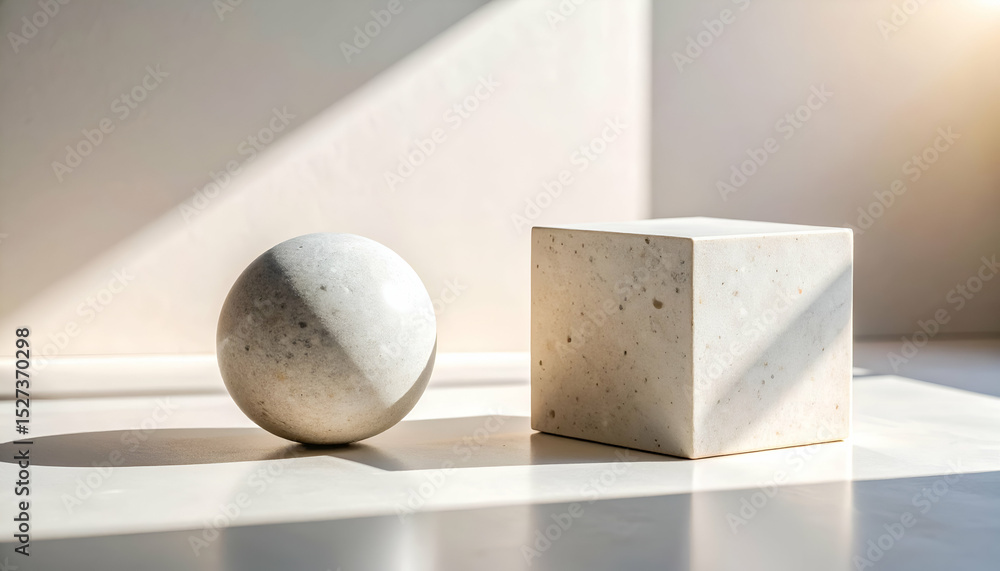 Poster smooth sphere and cube in pale stone with subtle shadows and light