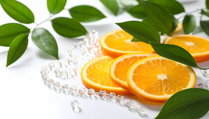 Fresh Citrus Slices with Green Leaves and Glassy Beads for Summer