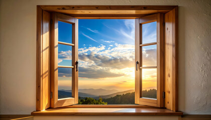 Tranquil View from a Window Showcasing Golden Light and Clouds