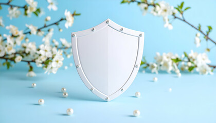 Soft White Shield Hovers Above Pale Blue Floor with Floral Surrounding