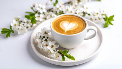Soft Ceramic Cup of Coffee with Heart Foam and Blossom Accents
