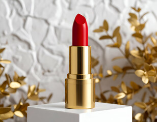 Single Red Lipstick Stands Upright Against Textured White Wall