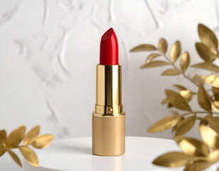 Elegant Red Lipstick Displayed on Textured White Background