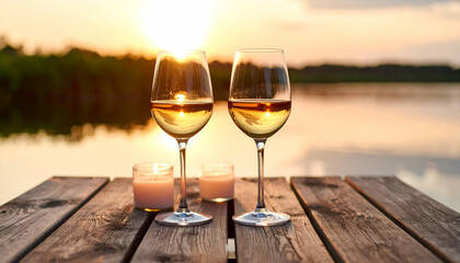 Romantic Dinner Setup by the Lake with Candlelight and Wine