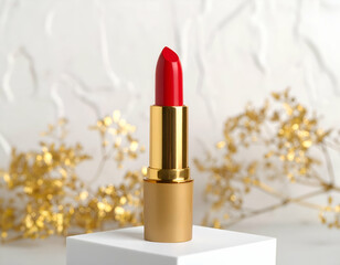 Elegant Red Lipstick Standing Upright Against Textured White Wall