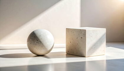 Smooth Sphere and Cube in Pale Stone with Subtle Shadows and Light