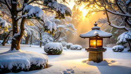 Dreamlike Mist Around the Golden Light in a Winter Wonderland
