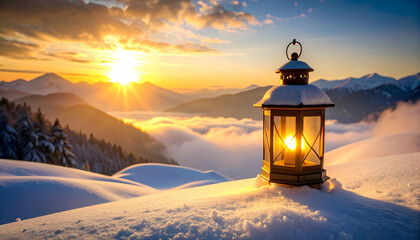 Misty Sunrise Over Mountains with Lantern Illuminating the Snow
