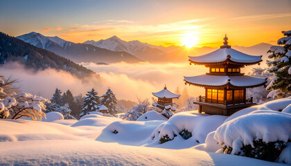 Dreamlike Misty Sunrise Over Snowy Mountains and Traditional Pagoda